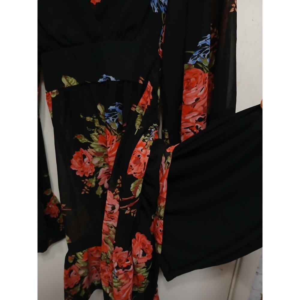 Betsy Johnson Floral Mini Dress Sz 4 Black Pink Babydoll Bell Sleeves Whimsigoth - Picture 14 of 16